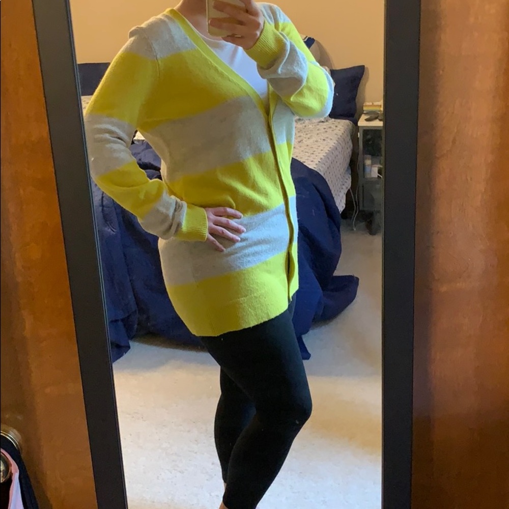 Long grey and yellow sweater